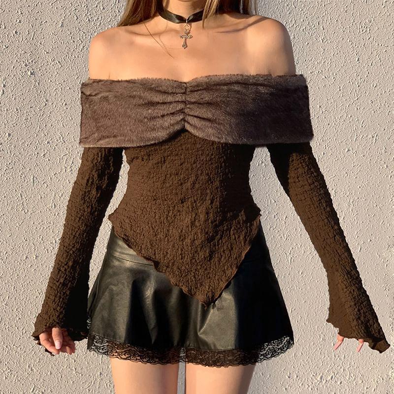 Bell Sleeve Off-Shoulder Faux Fur Panel Asymmetric-Hem Slim-Fit Top Product Image