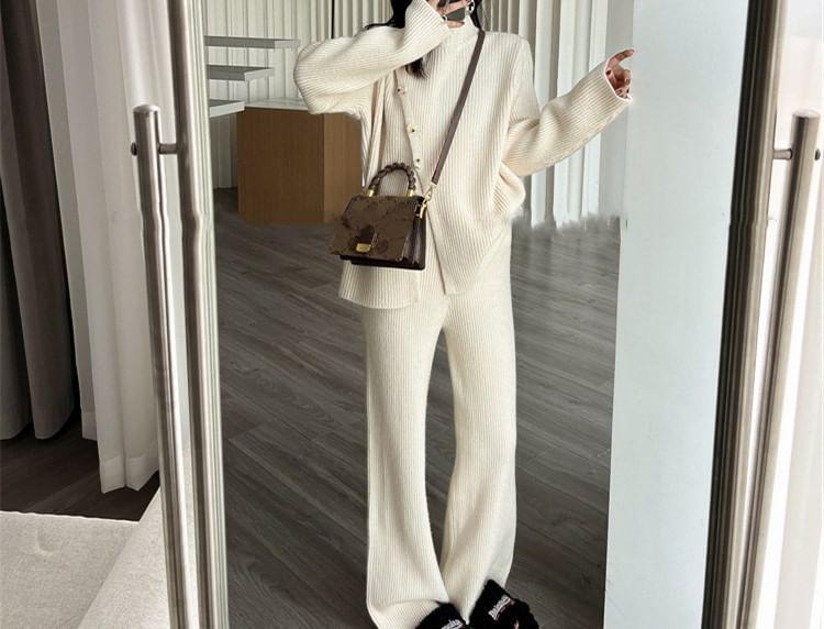 Set: Turtleneck Plain Ribbed Buttoned Slit Sweater + Elastic Waist Knit Wide Leg Pants Product Image