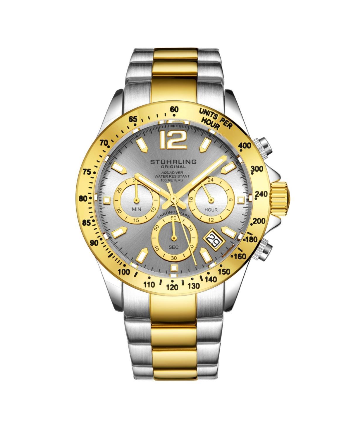 Stuhrling Mens Chronograph Watch, Silver Case, Gold Toned Bezel, Grey Dial Tt Silver And Gold Stainless Steel Bracelet Product Image