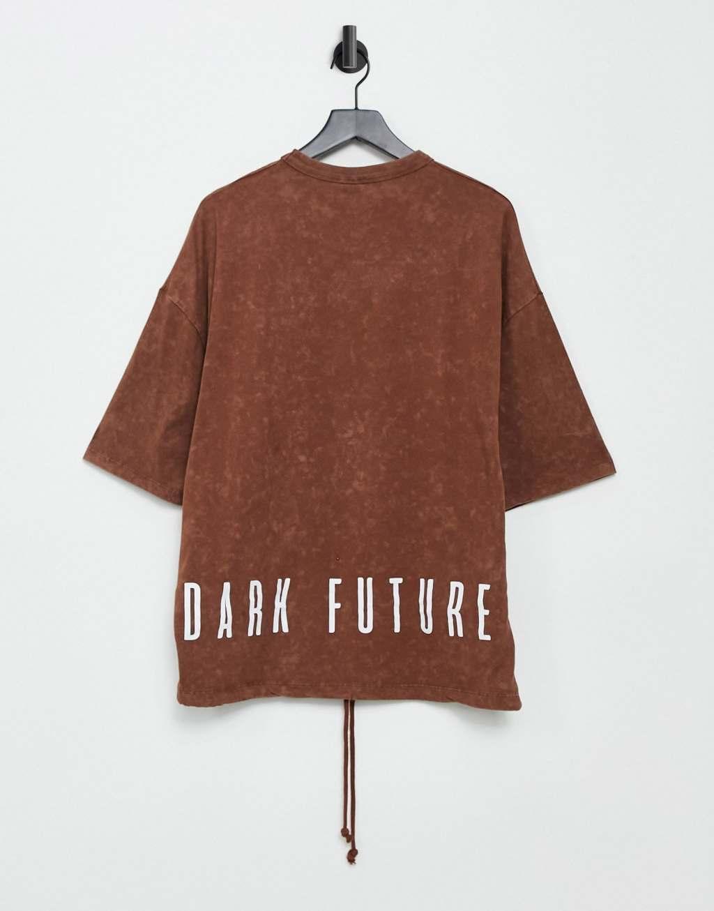 ASOS Dark Future oversized t-shirt in brown with back print and drawcord Product Image