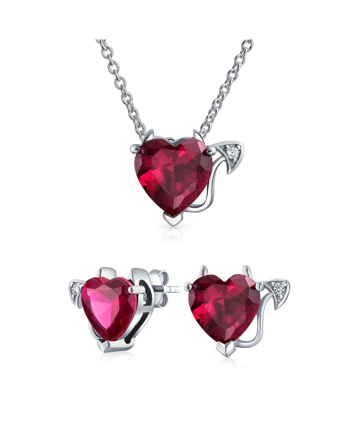 Romantic Cubic Zirconia Red Aaa Cz Devil Heart Necklace Stud Earring Pendant Jewelry Set For Women Teen .925 Sterling Silver Product Image