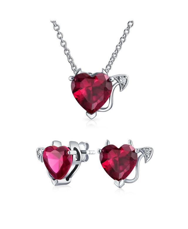 Romantic Cubic Zirconia Red Aaa Cz Devil Heart Necklace Stud Earring Pendant Jewelry Set For Women Teen .925 Sterling Silver Product Image