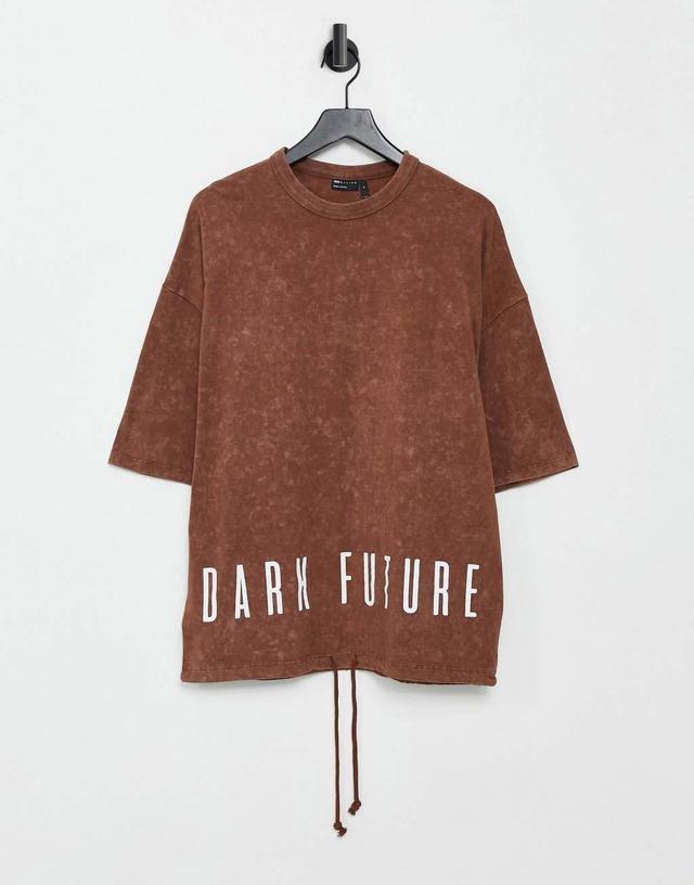 ASOS Dark Future oversized t-shirt in brown with back print and drawcord Product Image