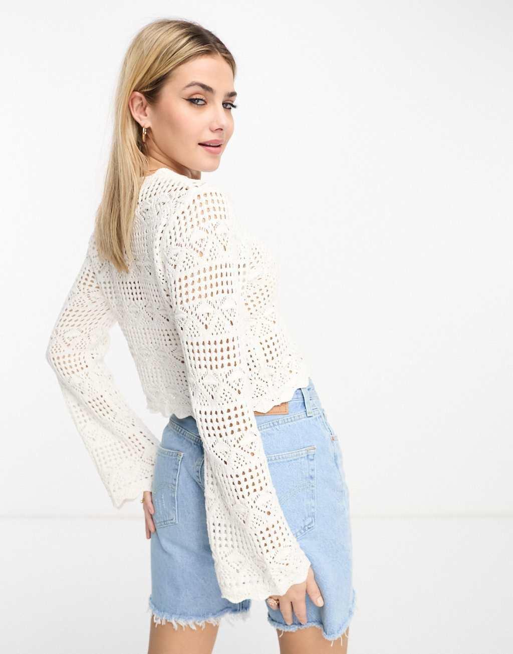 Monki long sleeve crochet top in white Product Image