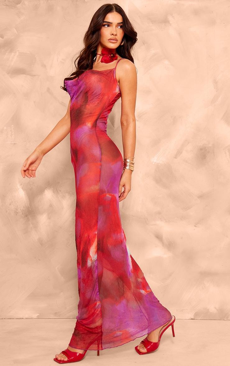 Pink Abstract Print Crinkle Mesh Cowl Neck Maxi Dress Product Image