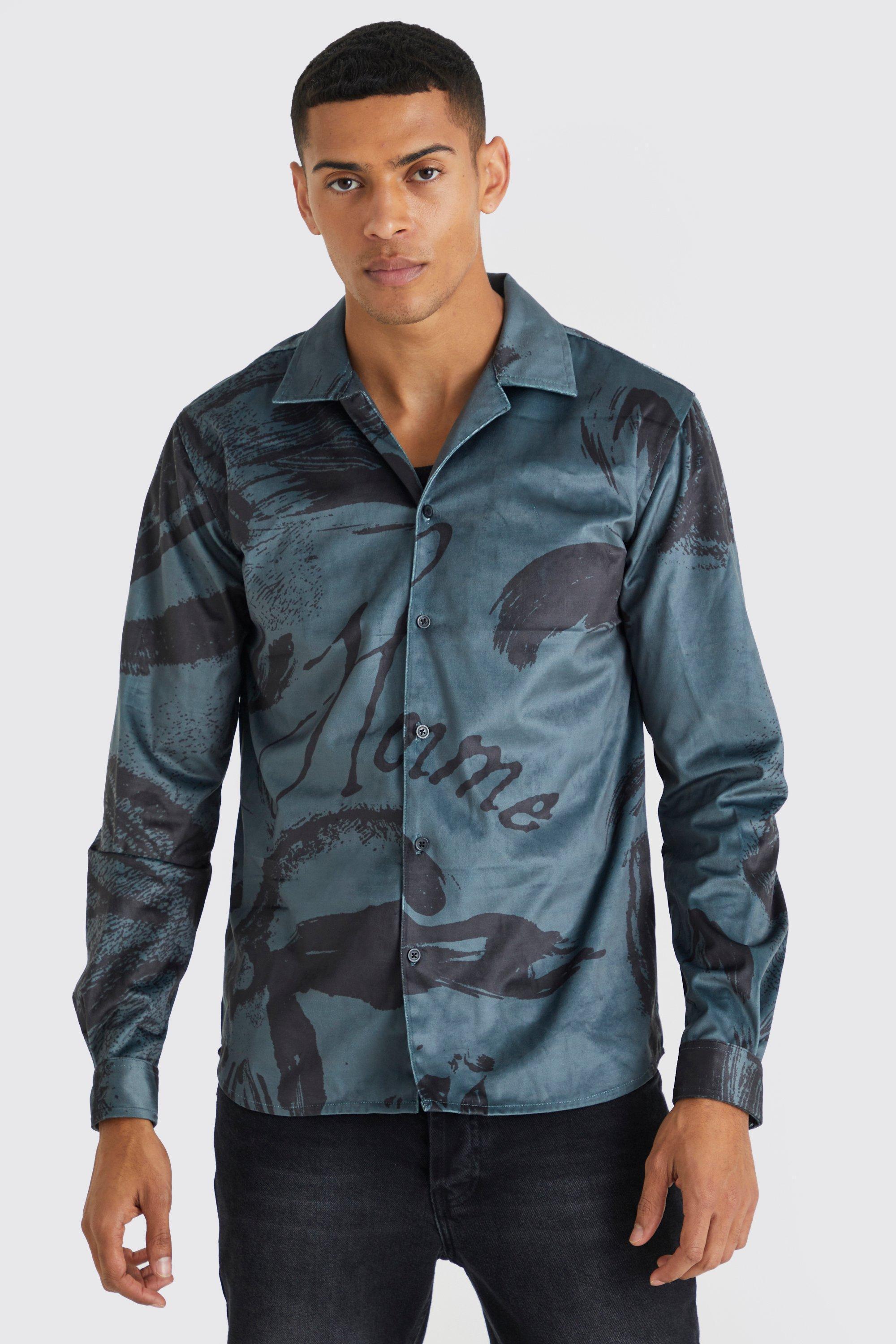 Long Sleeve Tonal Leaf Velour Shirt | boohooMAN USA Product Image