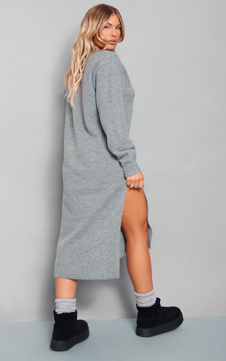 Charcoal Knit V Neck Oversized Slouchy Maxi Dress Product Image