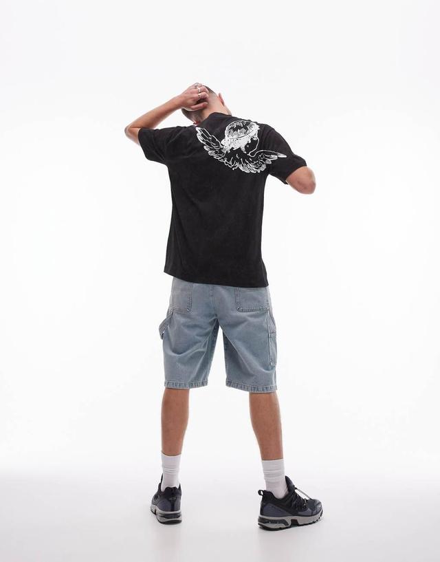 Topman extreme oversized fit t-shirt with angel front and back print in washed black Product Image