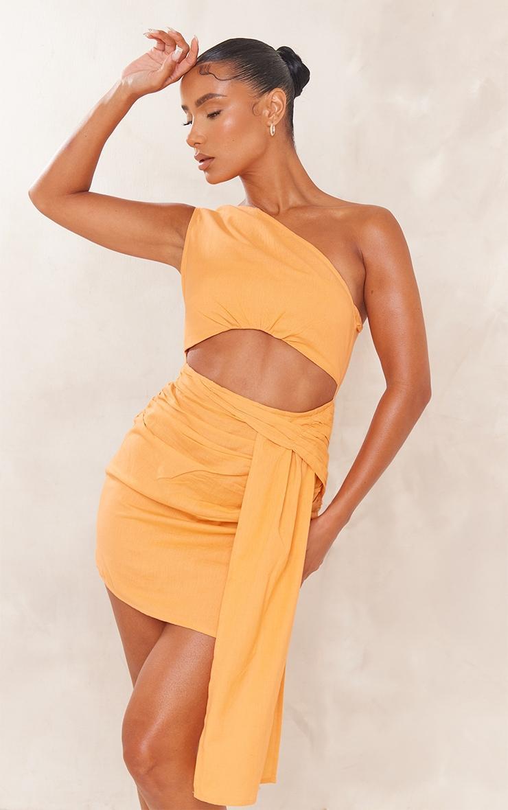 Orange Linen Look One Shoulder Cut Out Drape Bodycon Dress Product Image