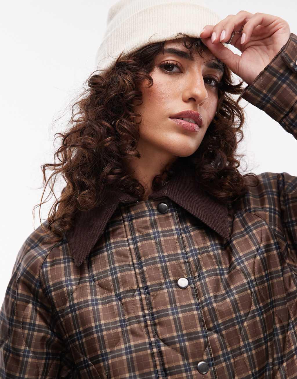 Topshop check long nylon coat with cord collar Product Image