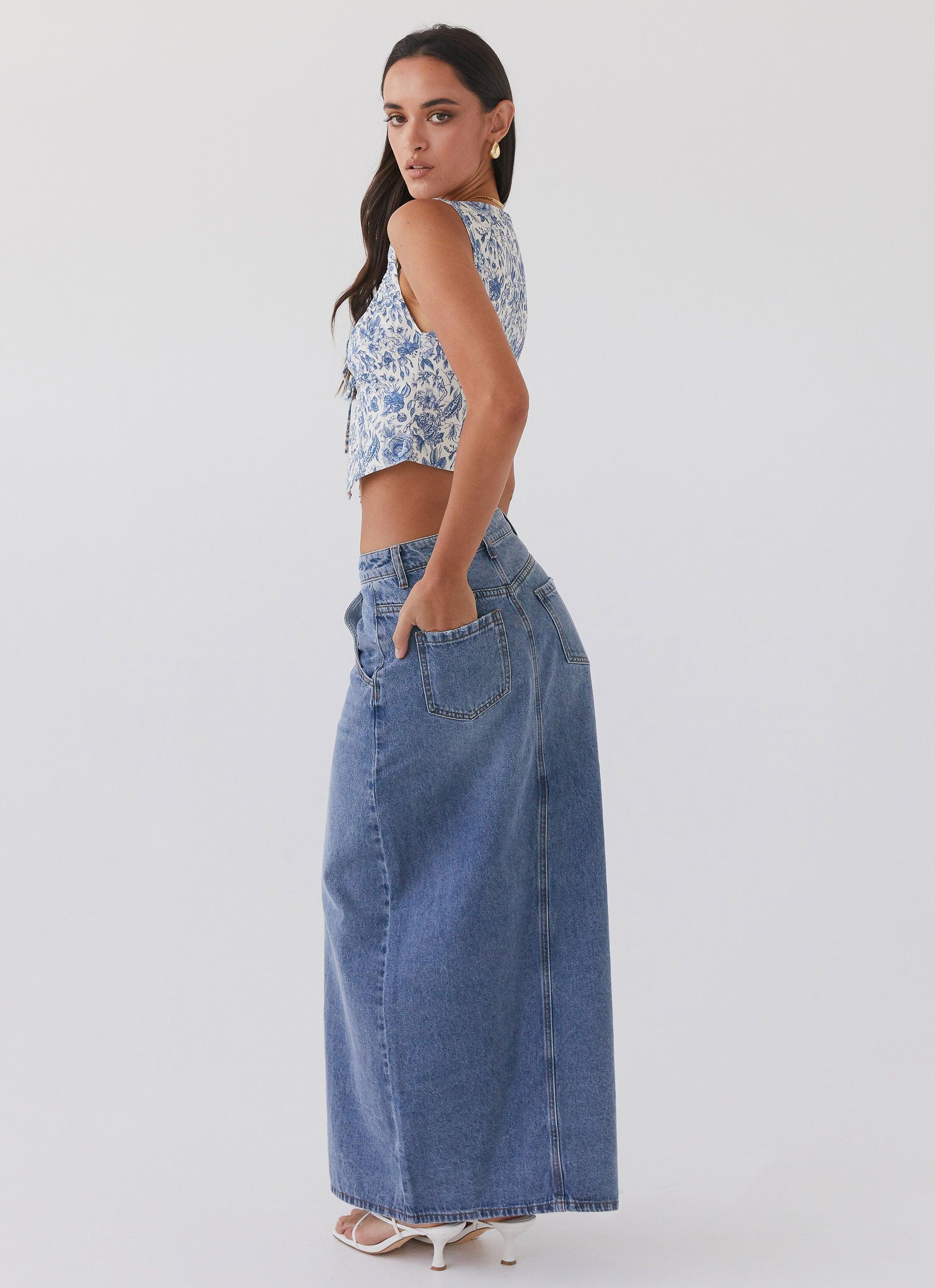 Walk This Way Denim Maxi Skirt - Blue Product Image