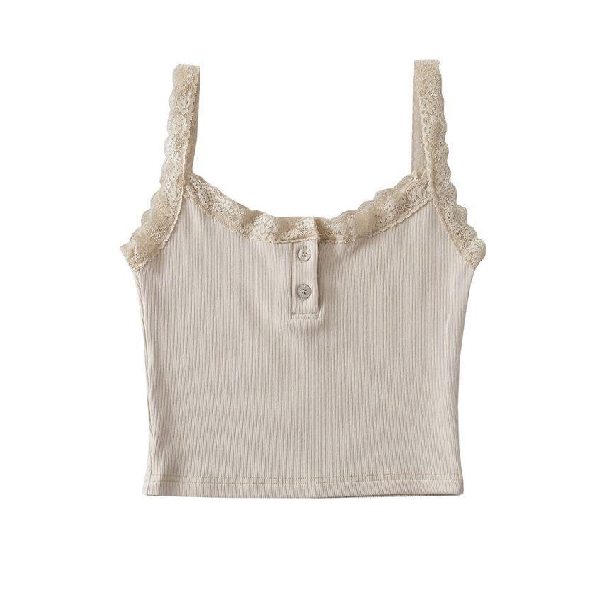 Henley Plain Lace Trim Crop Tank Top Product Image