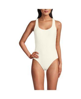 Womens Lands End Jacquard Scoopneck Crossback High Leg Tugless One-Piece Swimsuit Product Image