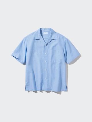 Mens Cotton Linen Open Collar Shirt Short-Sleeve Blue XS UNIQLO US Product Image