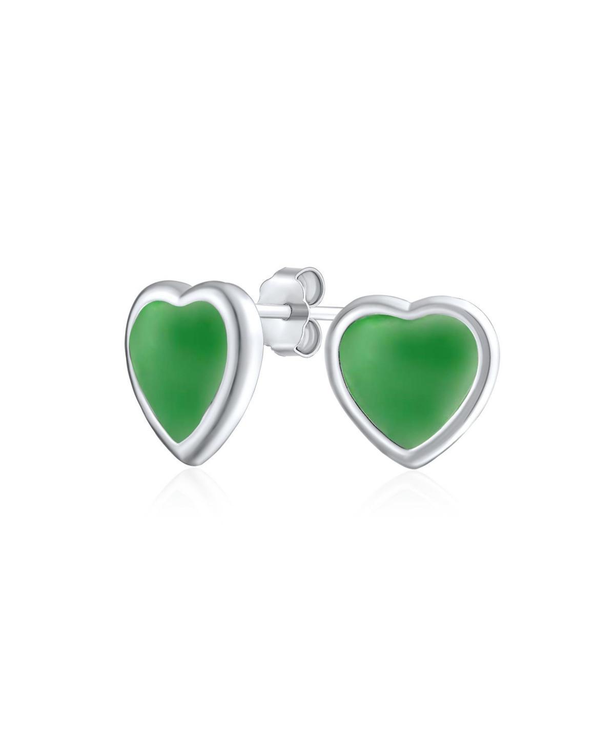 Bling Jewelry Heart Shaped Stud Earrings: Women Sterling Silver Bezel Set Green Natural Jade Product Image