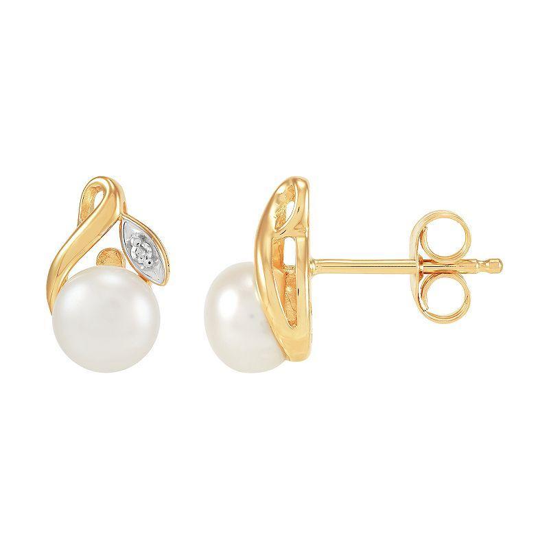 10K Yellow Gold Cultured Freshwater Pearl and Diamond Accent Earrings, Womens, 10k Gold Product Image