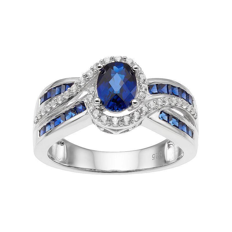 Sterling Silver Lab-Created Blue & White Sapphire Oval Halo Ring, Womens Product Image