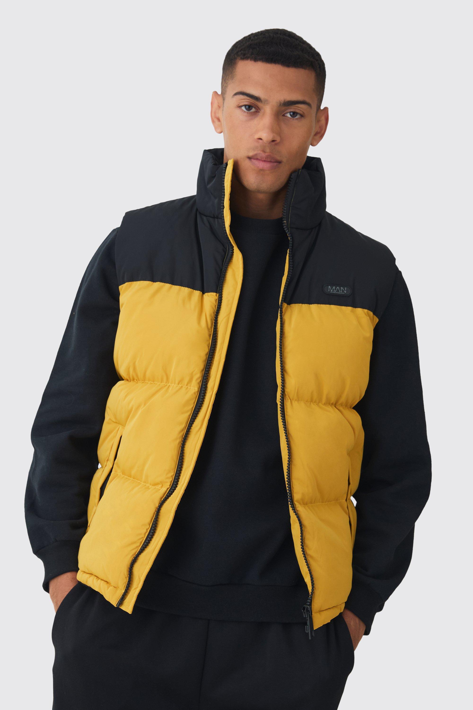 Man Tab Colour Block Puffer Funnel Neck Vest In Mustard | boohooMAN USA Product Image