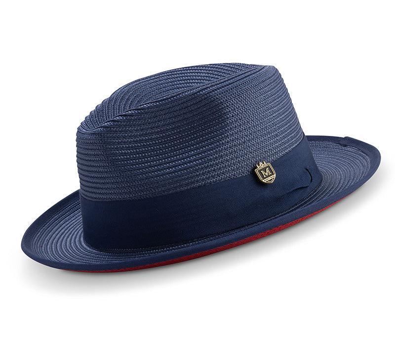 Navy Wide Brim Braided Pinch Fedora Hat with Red Bottom Product Image