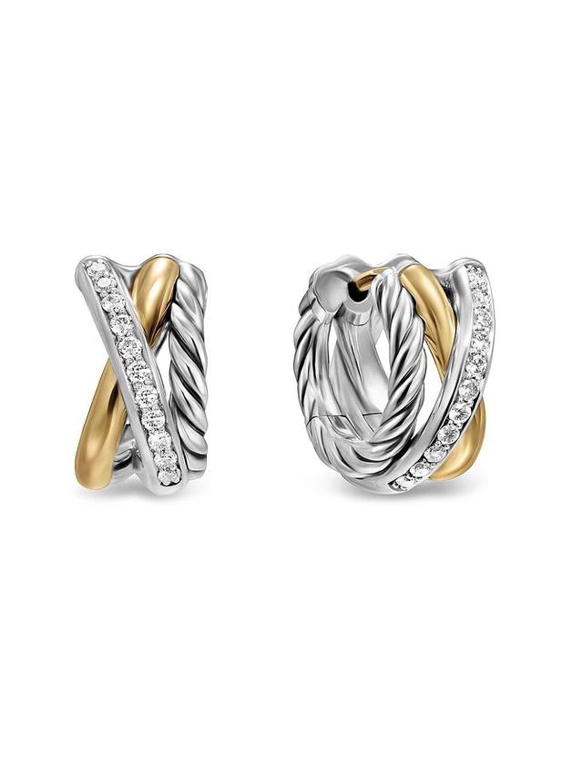 Womens Crossover Three Row Huggie Hoop Earrings in Sterling Silver with 18K Yellow Gold, 13MM Product Image