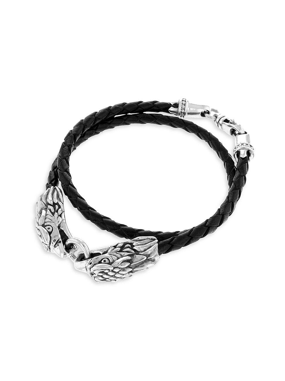 Mens Sterling Silver & Leather Double Eagle Braided Bracelet Product Image