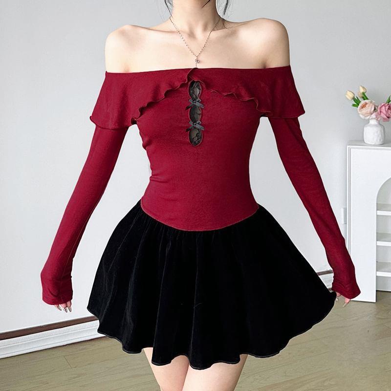 Long Sleeve Off-Shoulder Ruffled-Trim Bow Accent Velvet Panel Color-Block Mini Dress Product Image