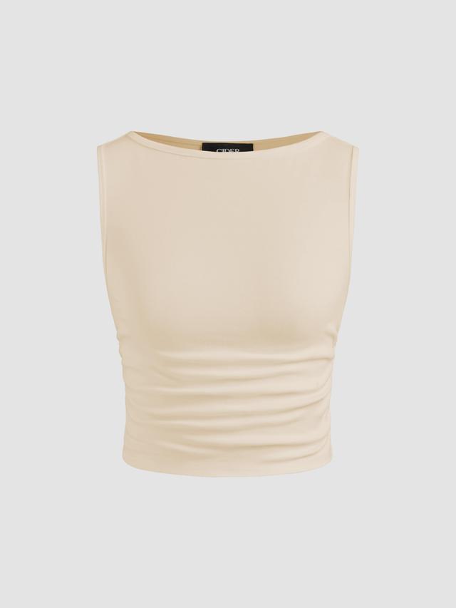 Boat Neck Ruched Solid Crop Tank Top Product Image