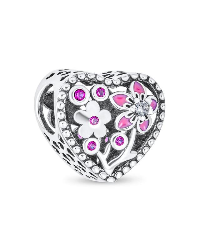 Valentine Cz Accent Love Grows Red Enamel Flower Heart Shape Charm Bead For Women Girlfriend .925 Sterling Silver Fits European Bracelet - P Product Image