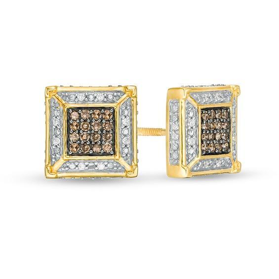 Men's 1/4 CT. T.w. Square Champagne and White Multi-Diamond Frame Stud Earrings in 10K Gold Product Image