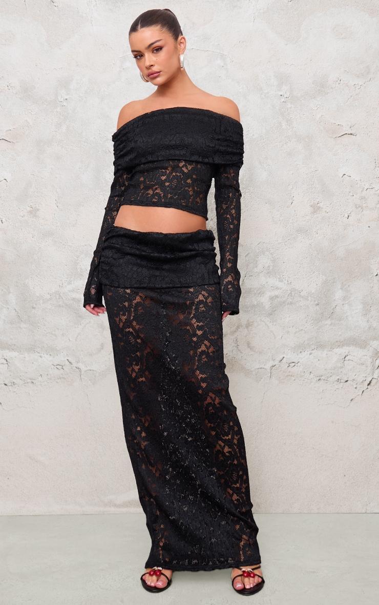 Black Pleated Lace Foldover Bardot Crop Top Product Image