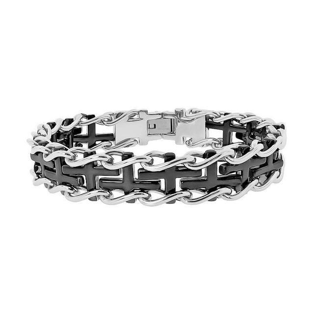 LYNX Two Tone Ion-Plated Stainless Steel Sideways Cross Railroad  Bracelet -  Men, Mens Black Product Image