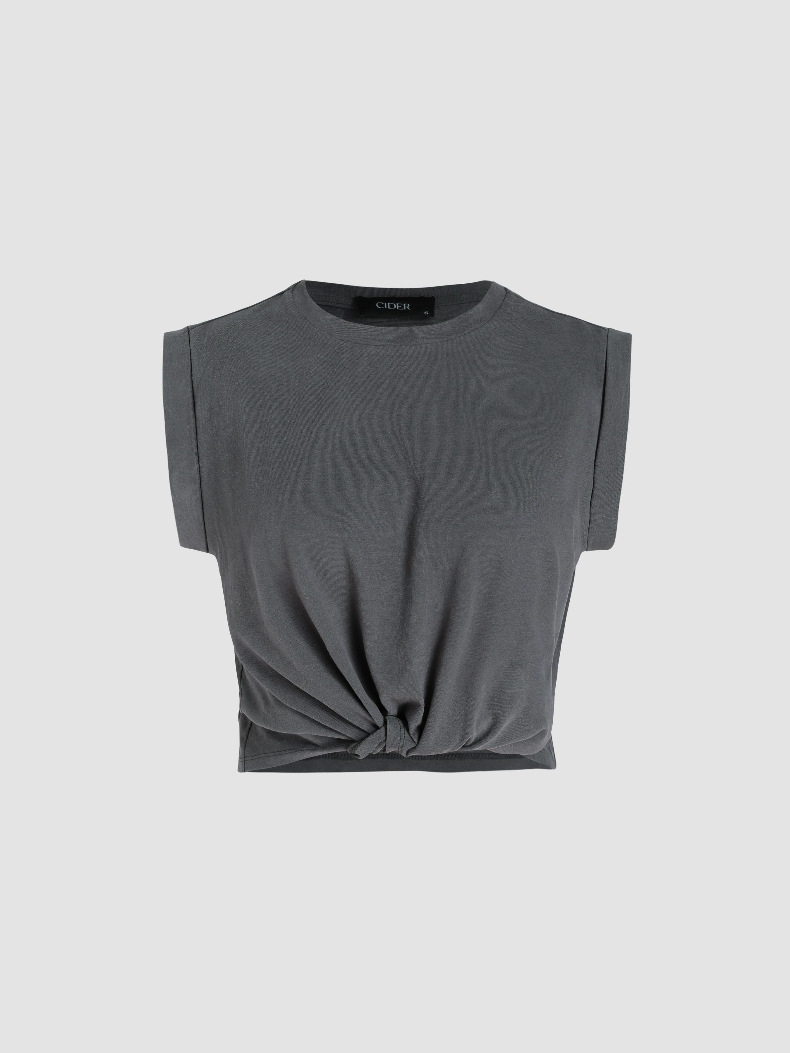 Solid Round Neckline Twist Short Sleeve Crop Top Product Image