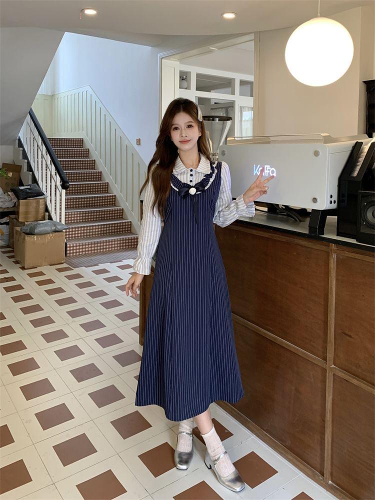 Mock Two-Piece Long-Sleeve Collar Striped Bow Midi A-Line Dress Product Image