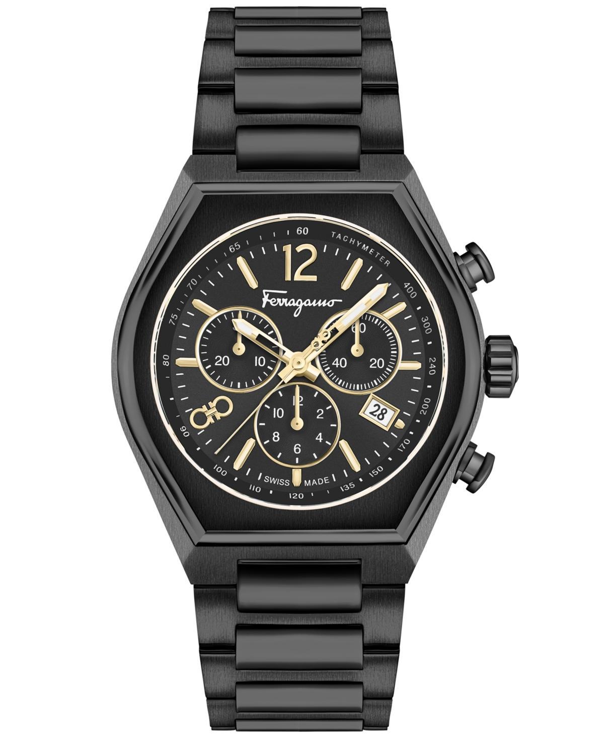 Mens Unisex FERRAGAMO Tonneu Chrono Black Stainless Steel Watch Product Image