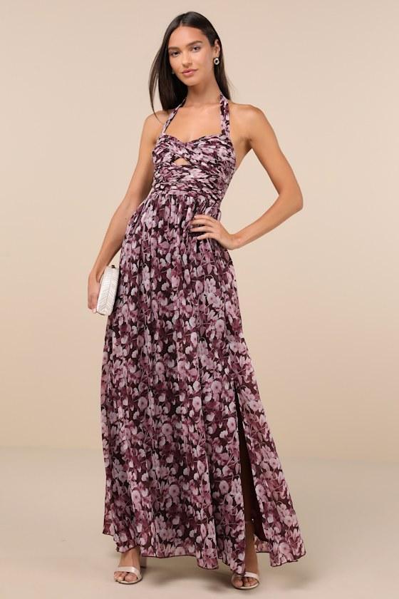 Illustrious Aura Plum Purple Floral Pleated Halter Maxi Dress Product Image