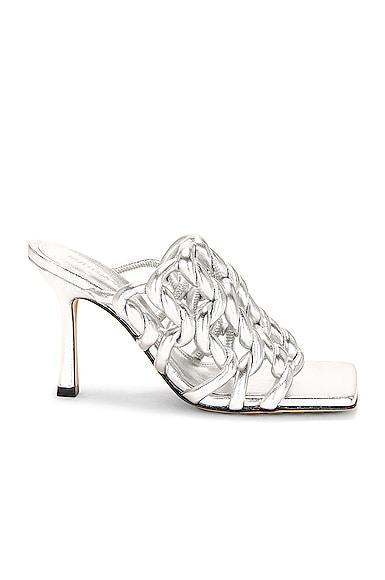 Bottega Veneta Reflection Weave Stretch Mule Sandals Metallic Silver. (also in 36, 36.5, 39, 39.5). Product Image