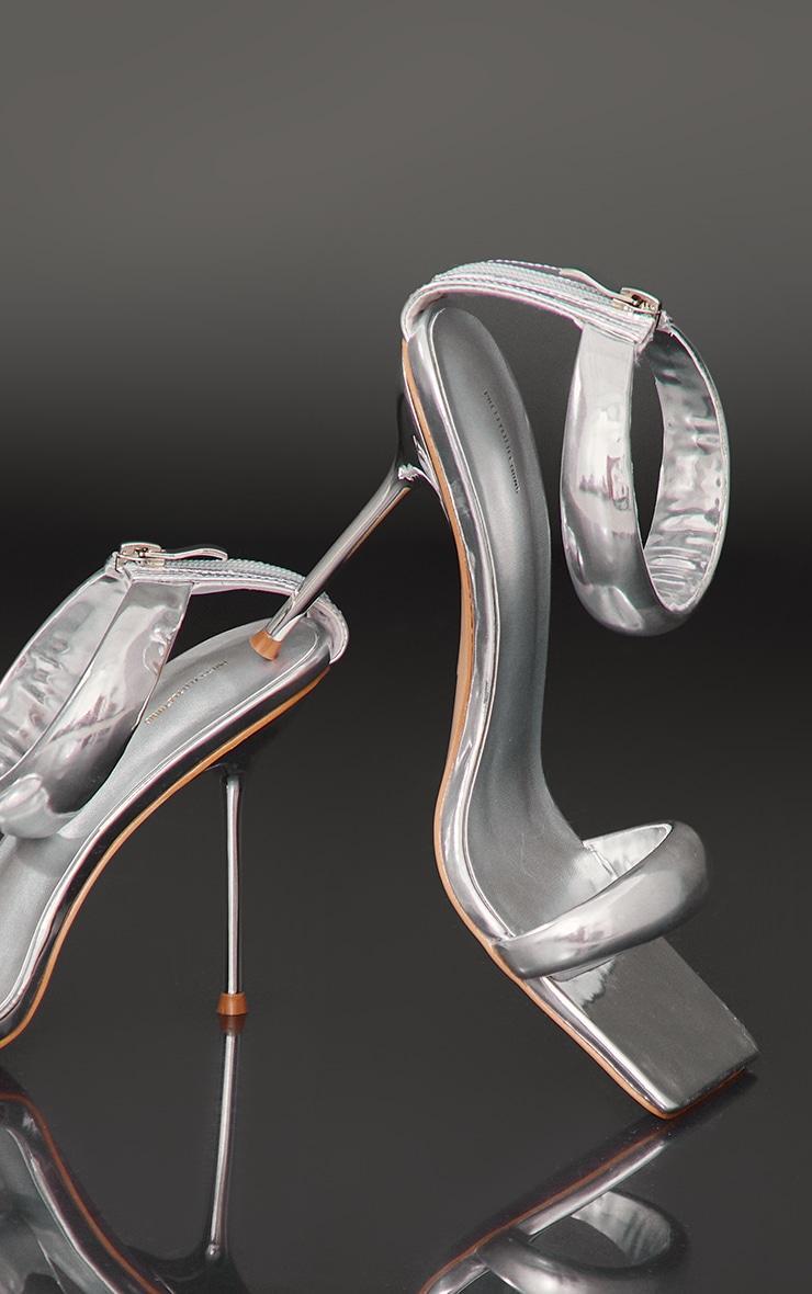 Silver Metallic Pu Square Toe Padded Double Strap High Heeled Sandals Product Image