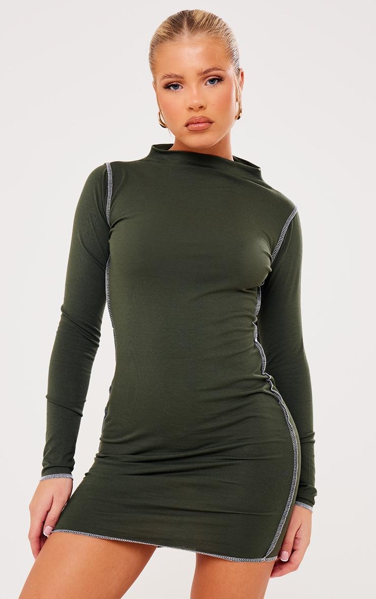 Khaki Cotton Contrast Seam Long Sleeve Bodycon Dress product image