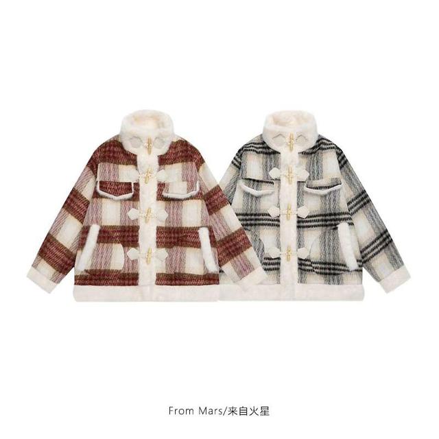 Stand Collar Plaid Toggle Coat Product Image