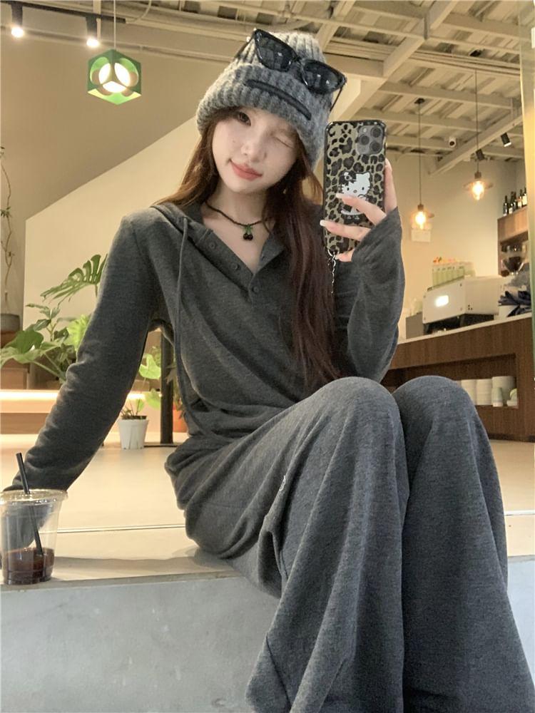 Long-Sleeve Plain Hooded Top / Drawstring Waist Loose-Fit Pants Product Image