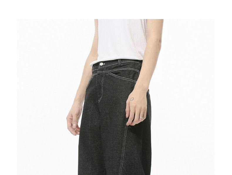 High Waist Contrast Stitching Washed Wide Leg Jeans Product Image