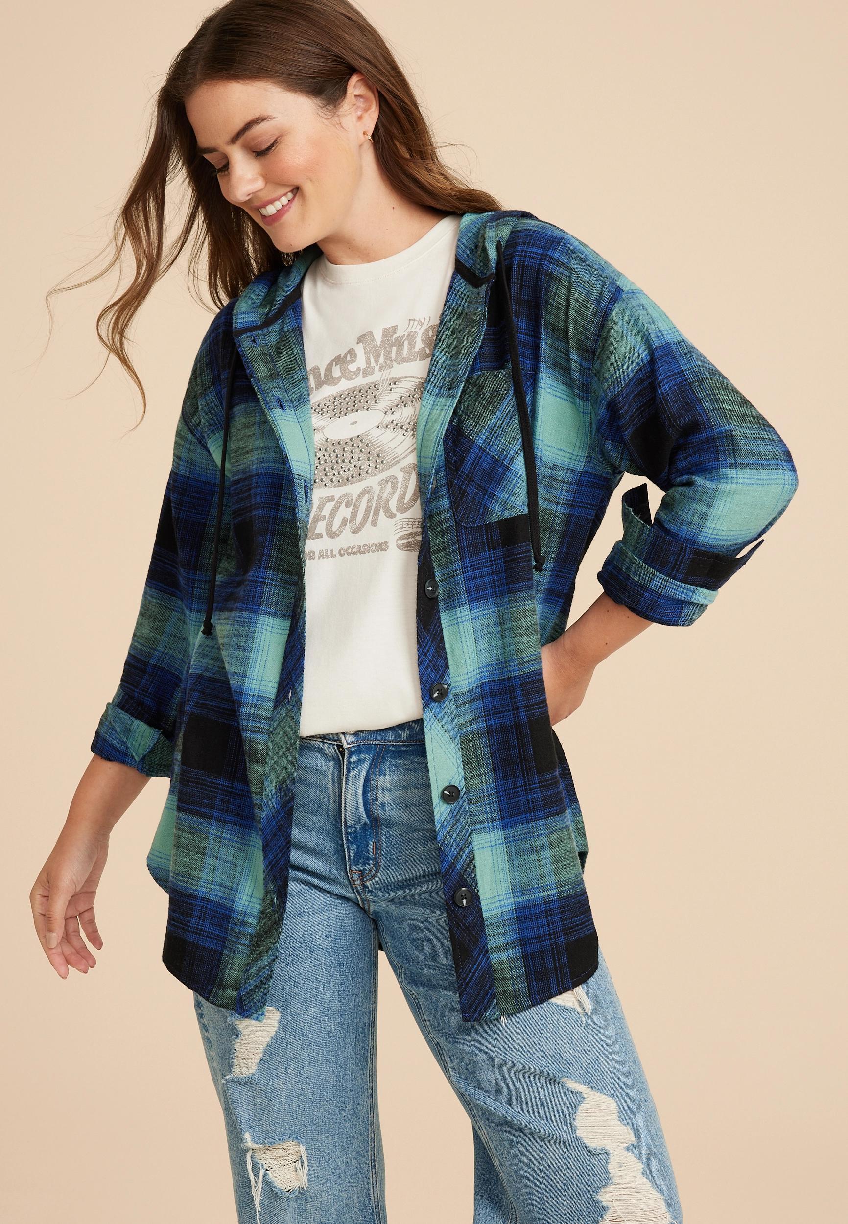 Cabin Plaid Boyfriend Hooded Button Down Shirt Product Image