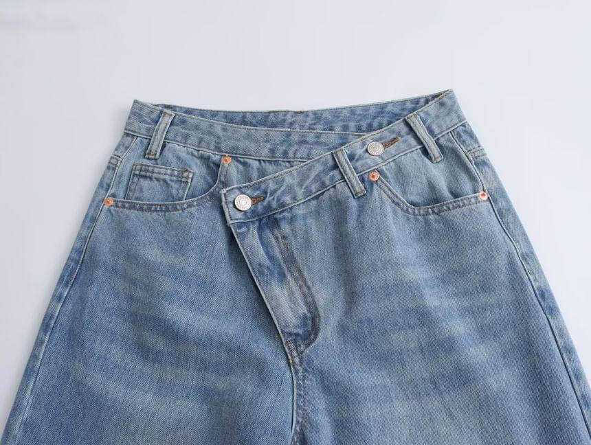 High Waist Asymmetrical Washed Loose Fit Jeans Product Image