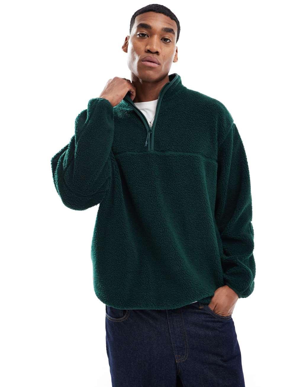 ASOS DESIGN oversized borg half zip sweatshirt in dark green Product Image