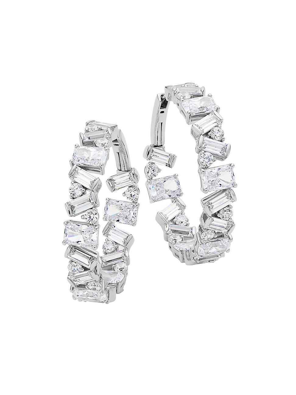 Womens Jazz Deco Rhodium-Plated & Cubic Zirconia Hoop Earrings Product Image