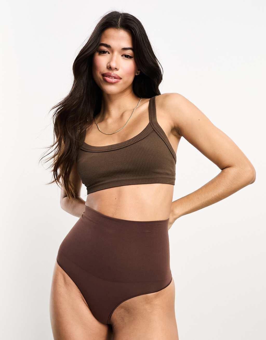 Vero Moda seamless high waisted thong in brown Product Image