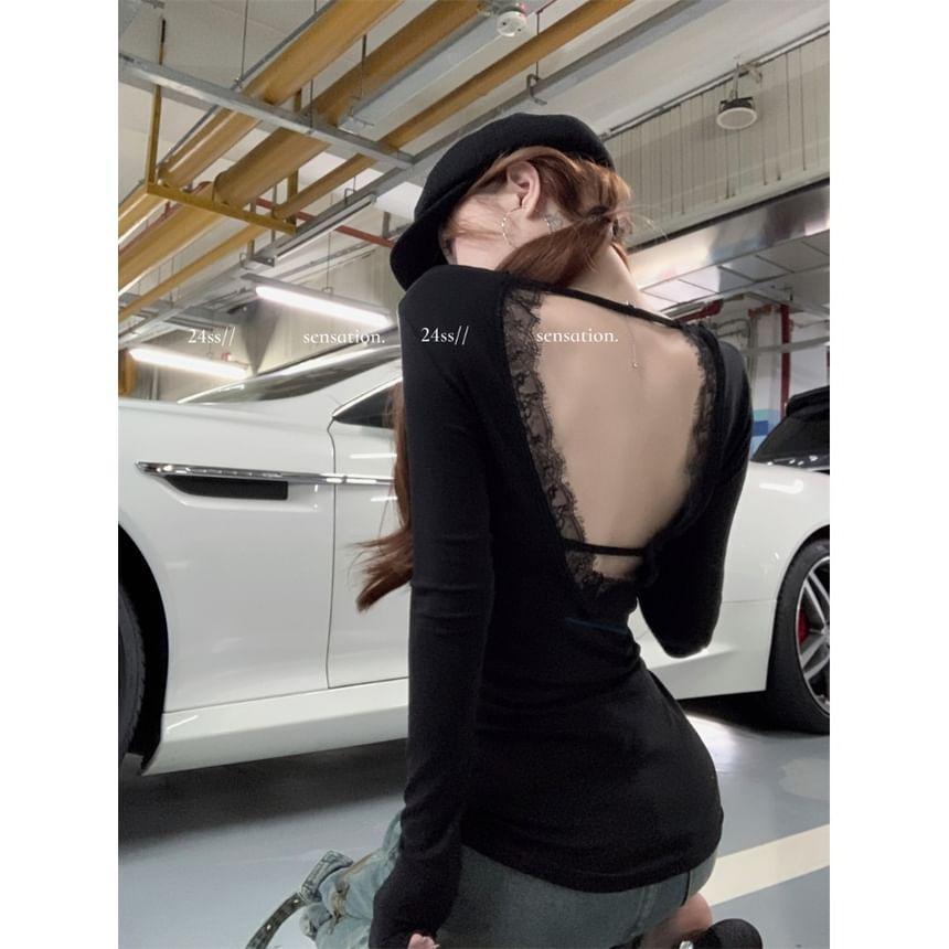 Long-Sleeve V-Neck Plain Lace Panel Open Back Slim Tee Product Image