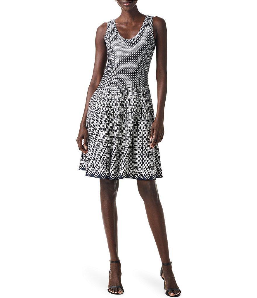 NIC + ZOE Heritage Twirl Knit Geo Stripe Jacquard Pattern Round Neck Sleeveless Fit & Flare Dress Product Image