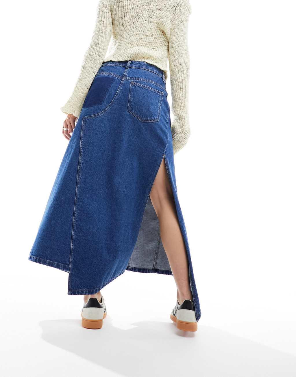 ASOS DESIGN 'DECONSTRUCTED' denim midi skirt in midwash blue Product Image