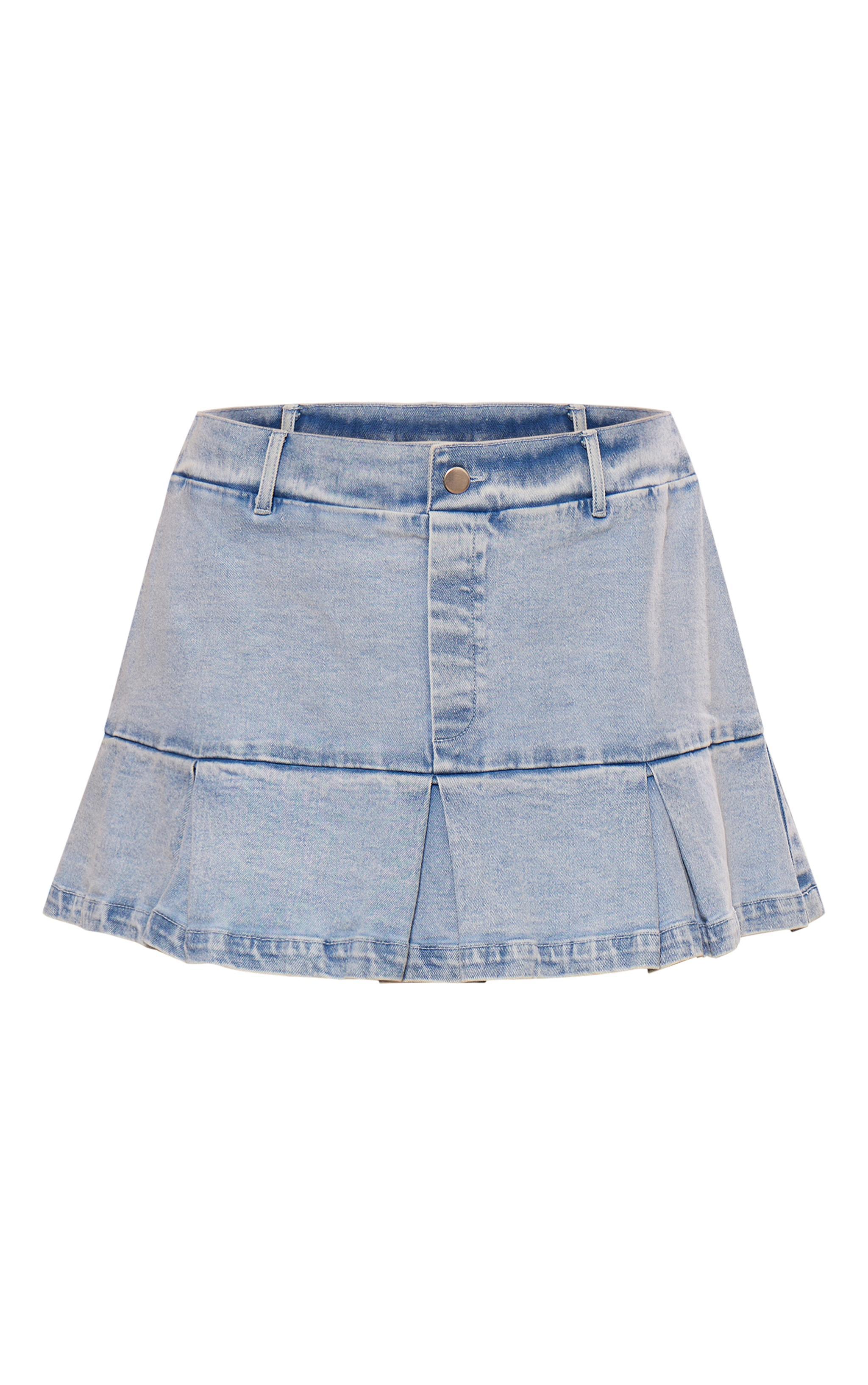 Blue Boxer Waistband Pleated Denim Mini Skirt Product Image